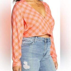 BP Nordstrom Wrap Surplice Crop Ian Bias Top L Orange Plaid Long Sleeve NEW B23